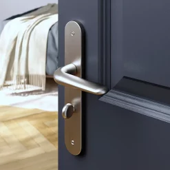 Castorama Ensemble Poignée Sur Plaque Droit à Condamnation GoodHome Mehaban Effet Nickel Satin Gris L.120mm X L.40mm Entraxe 195mm