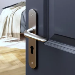 Castorama Ensemble Poignée Sur Plaque Droitcylindre GoodHome Mehaban Effet Nickel Satin Gris L.120mm X L.40mm Entraxe 195mm