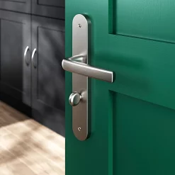 Castorama Ensemble Poignée Sur Plaque Incurvé à Condamnation GoodHome Primel Effet Nickel Satin Gris L.126mm X L.40mm Entraxe 195mm