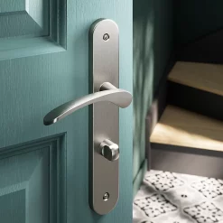 Castorama Ensemble Poignée Sur Plaque Rond à Condamnation GoodHome Beare Effet Nickel Satin Gris L.110.5mm X L.40mm Entraxe 195mm