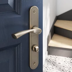 Castorama Ensemble Poignée Sur Plaque Rond à Condamnation GoodHome Breage Effet Laiton Satin Doré L.120.5mm X L.40mm Entraxe 195mm