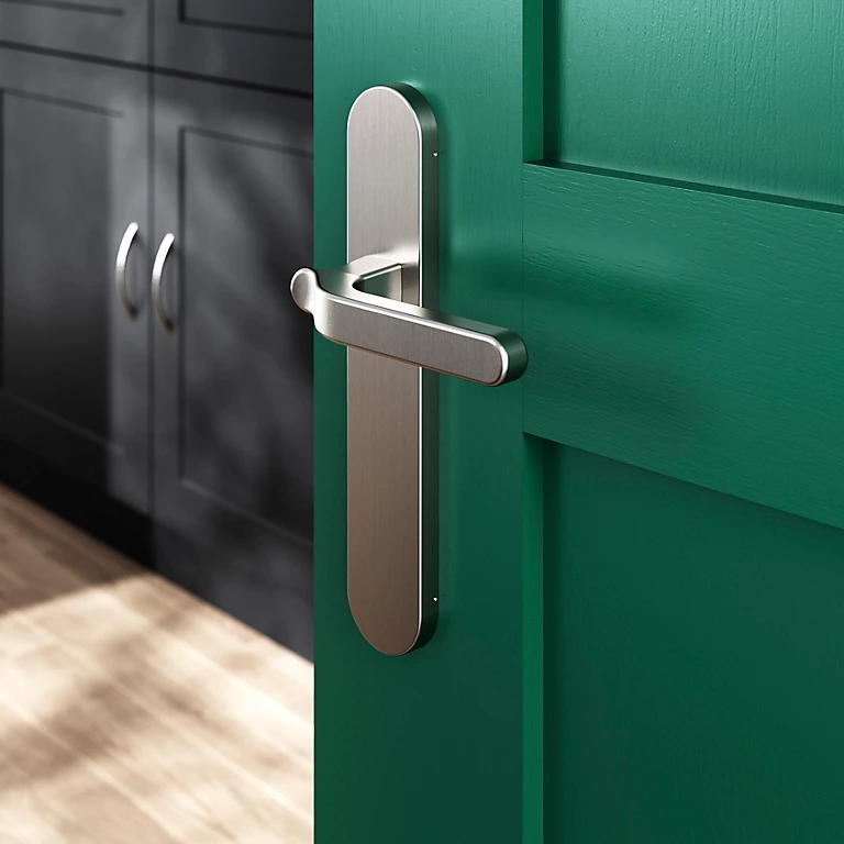 Castorama Ensemble Poignée Sur Plaque Rond GoodHome Prat Effet Nickel Satin Gris L.129mm X L.42mm Entraxe 165-195mm 1 Castorama Ensemble Poignée Sur Plaque Rond GoodHome Prat Effet Nickel Satin Gris L.129mm X L.42mm Entraxe 165-195mm