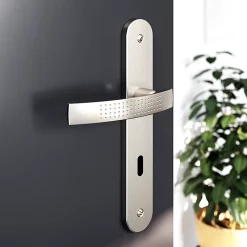 Castorama Ensemble Poignée Sur Plaque Rond Serrure GoodHome Diss Effet Nickel Satin Gris L.139mm X L.40mm Entraxe 195mm