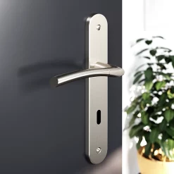 Castorama Ensemble Poignée Sur Plaque Rond Serrure GoodHome Hirel Effet Nickel Satin Gris L.128mm X L.40mm Entraxe 195mm