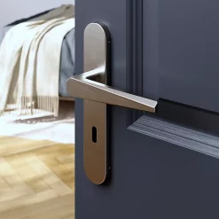 Castorama Ensemble Poignée Sur Plaque Rond Serrure GoodHome Keri Effet Nickel Satin Gris L.140mm X L.42mm Entraxe 165-195mm