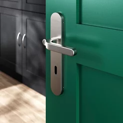 Castorama Ensemble Poignée Sur Plaque Rond Serrure GoodHome Prat Effet Nickel Satin Gris L.129mm X L.42mm Entraxe 165-195mm