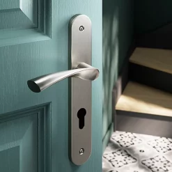 Castorama Ensemble Poignée Sur Plaque Rondcylindre GoodHome Breage Effet Nickel Satin Gris L.120.5mm X L.40mm Entraxe 195mm