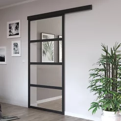 Castorama Ensemble Porte Coulissante Atelier Noire En Verre H.204 X L.83 Cm Et Système De Rail En Acier
